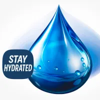 Blue water droplet illustration with Stay Hydrated text, highlighting a selection of supplements for hydration and electrolyte support.