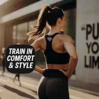 Woman in athletic wear outdoors with Train in Comfort & Style text, highlighting a selection of apparel for performance and lifestyle.