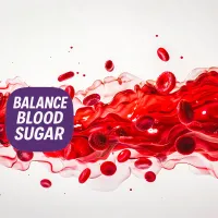 Red blood cells in motion with Balance Blood Sugar text, highlighting a selection of supplements for glucose control and metabolism.