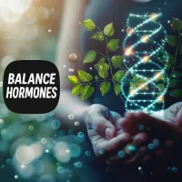 Hands holding glowing DNA and leaves with Balance Hormones text, highlighting a selection of supplements for hormonal health support.