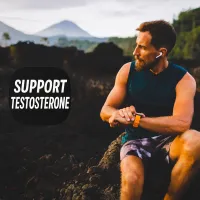 Athletic man outdoors checking watch with Support Testosterone text, highlighting a selection of supplements for vitality and men’s health.