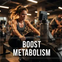 Woman training on rowing machine highlighting metabolism-boosting supplements for weight loss.