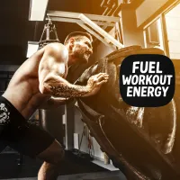 Muscular man doing push-ups in gym with Fuel Workout Energy text, highlighting a selection of supplements for workout energy.