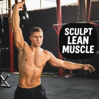Fit man performing a one-arm kettlebell press in a gym, representing the Sculpt Lean Muscle goal for lean protein powders, recomposition supplements, and muscle-toning products.
