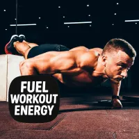 Muscular man doing decline push-ups in a gym, representing the Fuel Workout Energy goal for pre-workout supplements and energy boosters.