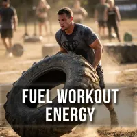Man flipping heavy tire in gym representing pre-workout supplements for energy, strength, and performance.