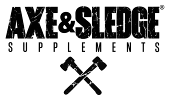 Axe & Sledge Supplements logo featuring distressed black lettering and crossed hammers.