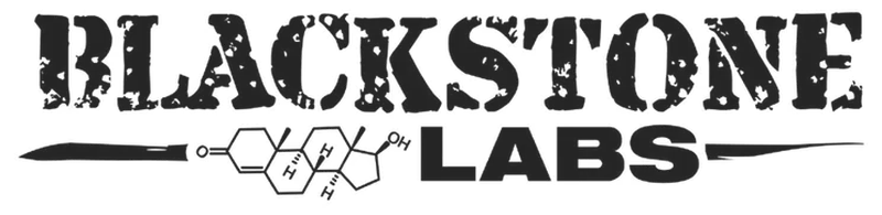 Blackstone Labs supplements logo featuring distressed lettering and a molecular design.