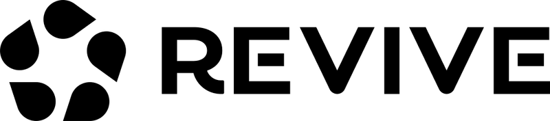 Revive supplements logo featuring the black REVIVE wordmark and five-droplet symbol.