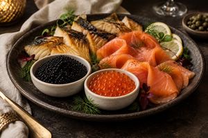 Illustrative assortment of black caviar, salmon roe and smoked fish