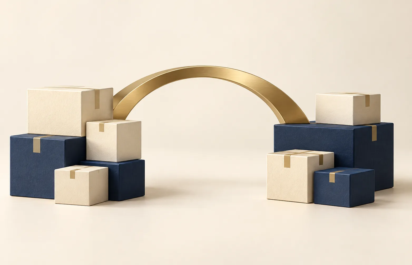 Conceptual golden bridge connecting two groups of shipping cartons