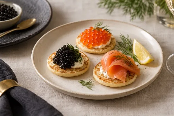 Blinis with black caviar, salmon roe and smoked salmon