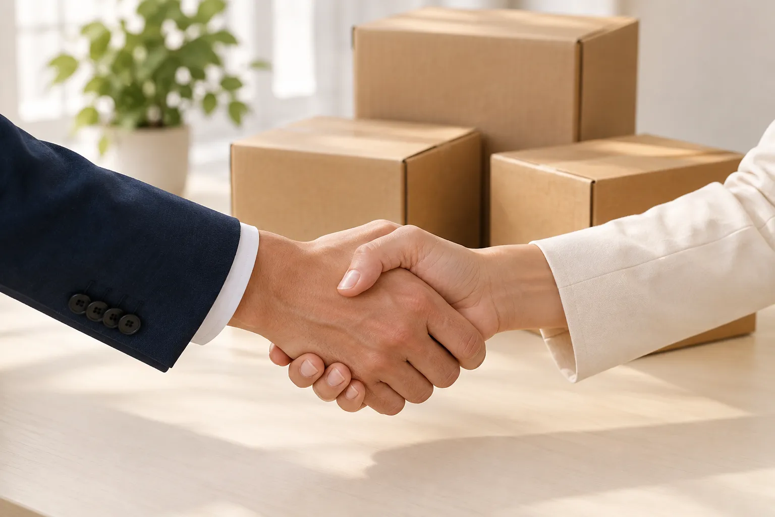 Business handshake beside closed shipping cartons