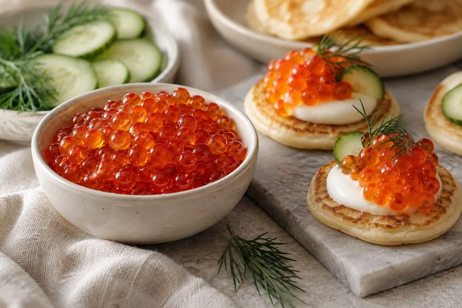 Illustrative salmon roe serving with blinis and cucumber