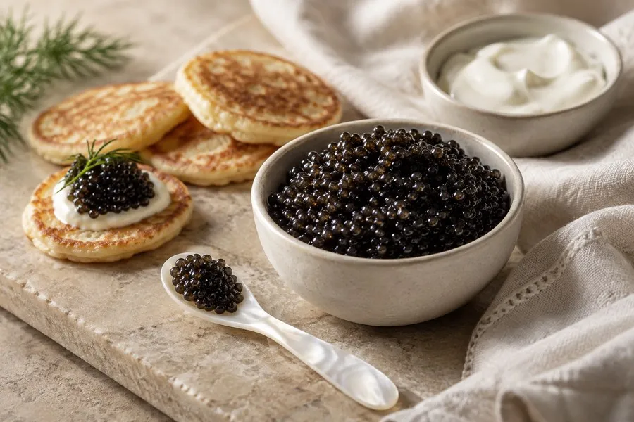 Illustrative black caviar serving with blinis and a mother-of-pearl spoon