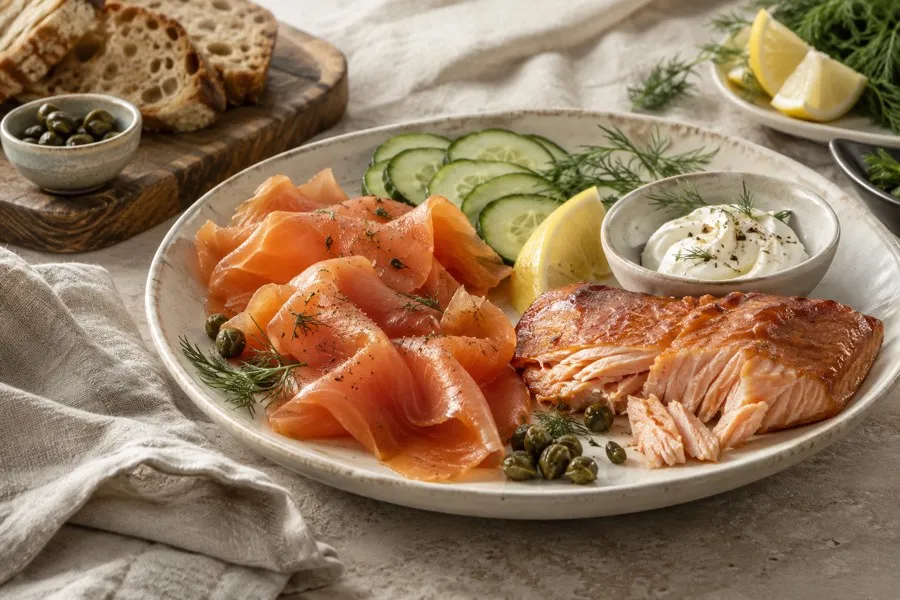 Illustrative cold and hot smoked salmon platter with lemon and bread