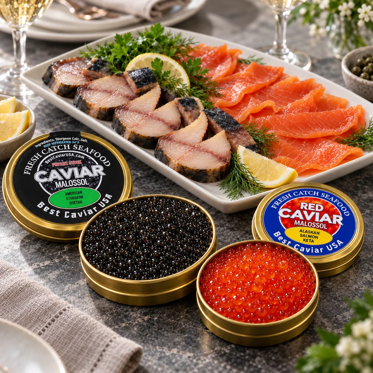 American Sturgeon Jet Black caviar, Keta salmon roe and smoked fish with Best Caviar USA labelled tins