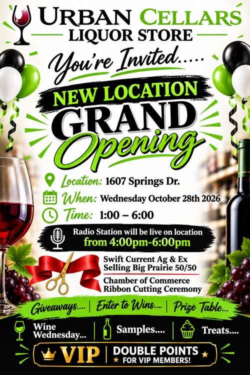 Urban Cellars New Location Grand Opening, Wednesday October 28 2026, 1:00 to 6:00 at 1607 Springs Dr.