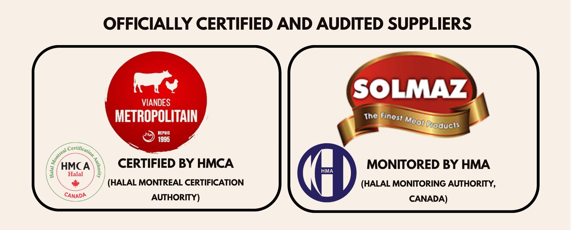 Viandes Metropolitain certified by HMCA (Halal Montreal Certification Authority) and Solmaz Foods monitored by HMA (Halal Monitoring Authority, Canada)