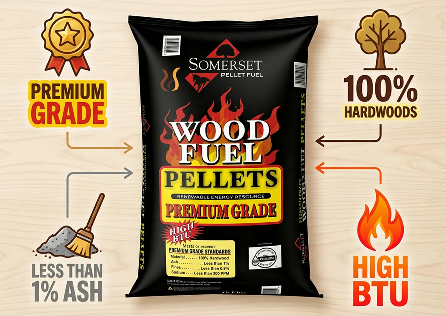 Somerset Wood Fuel Pellets 40 lb — clean-burning premium hardwood pellets available at Liberty Farm Home and Garden in Galion Ohio