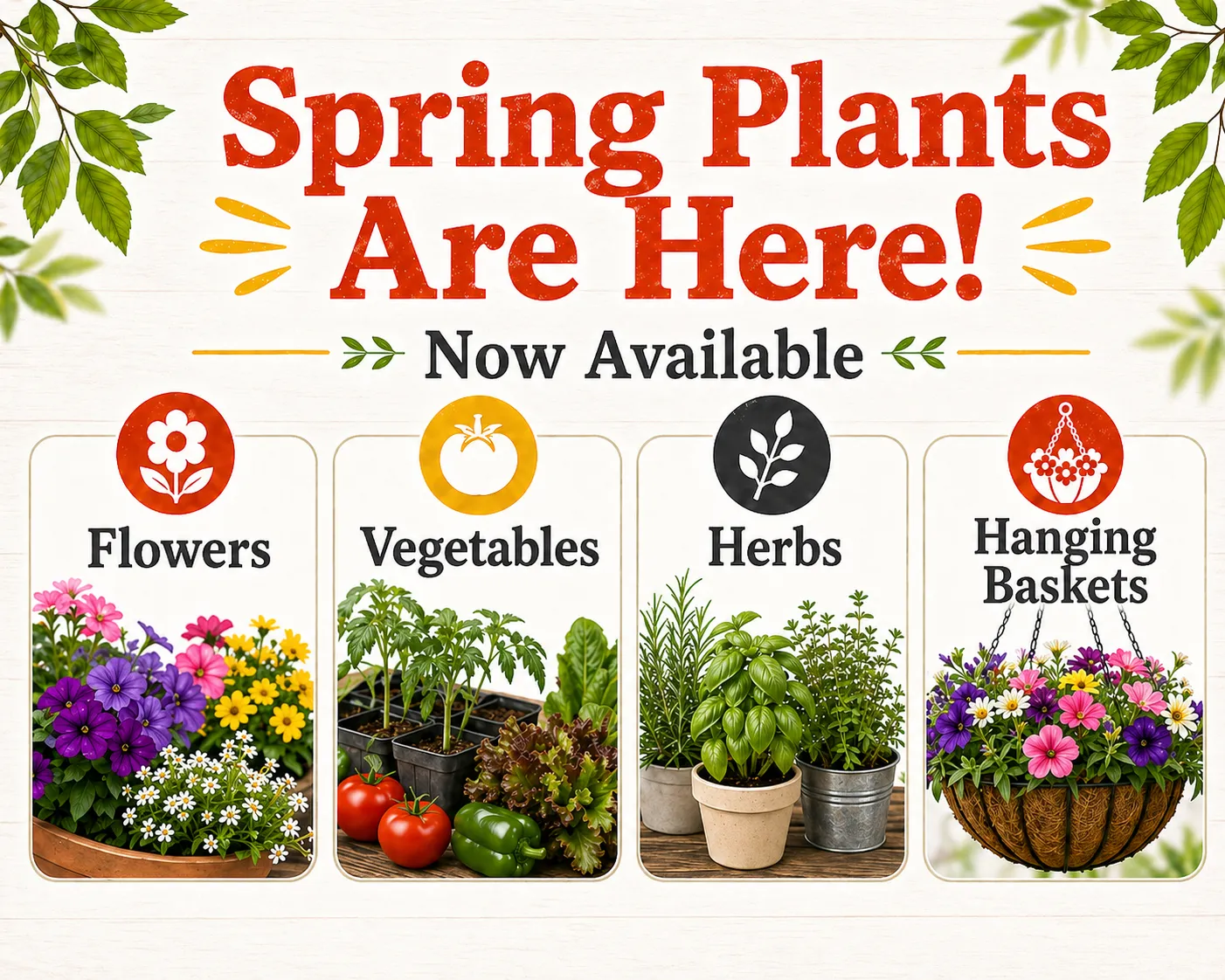 Spring plants are now available at Liberty Farm Home and Garden - shop our seasonal selection