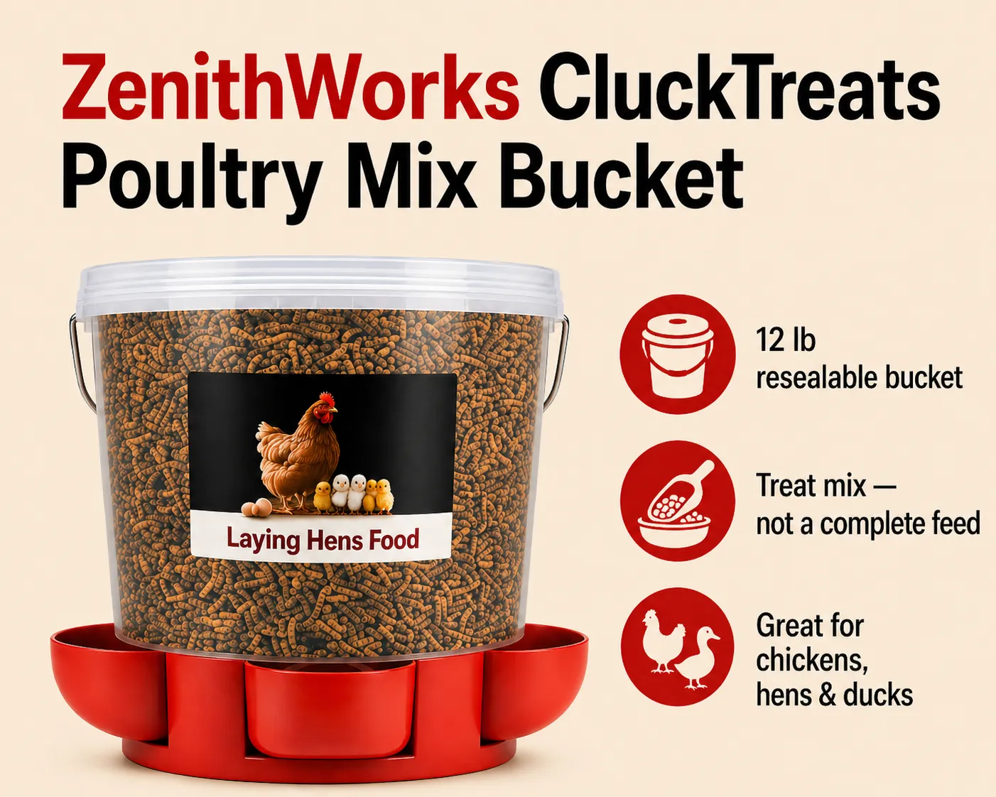 ZenithWorks CluckTreats Poultry Mix Bucket 12 lb available at Liberty Farm Home and Garden
