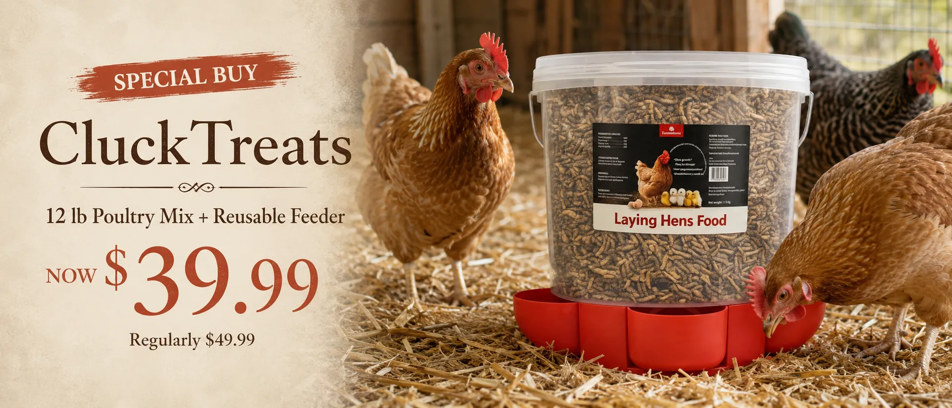 ZenithWorks CluckTreats 12 pound poultry mix and reusable feeder on sale for $39.99 at Liberty Farm, Home & Garden