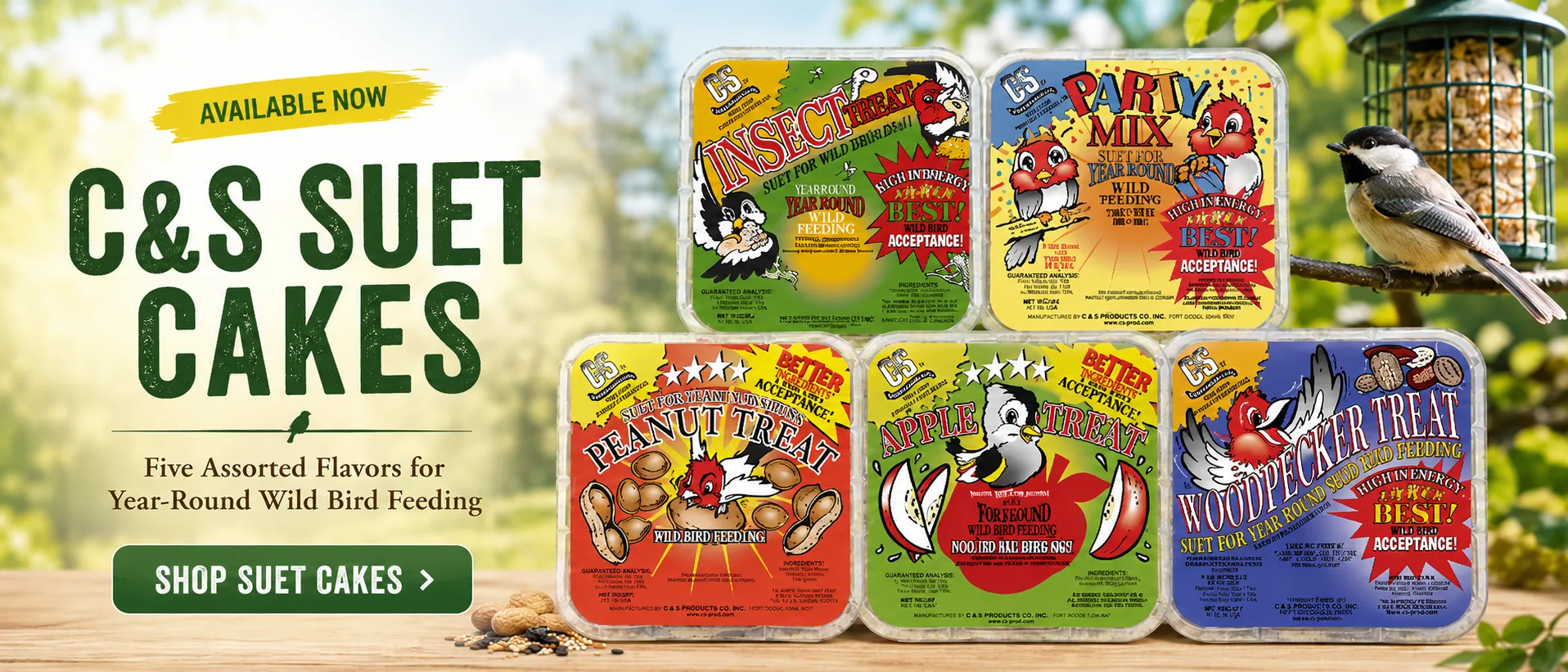 C&S Suet Cakes in five assorted flavors for year-round wild bird feeding