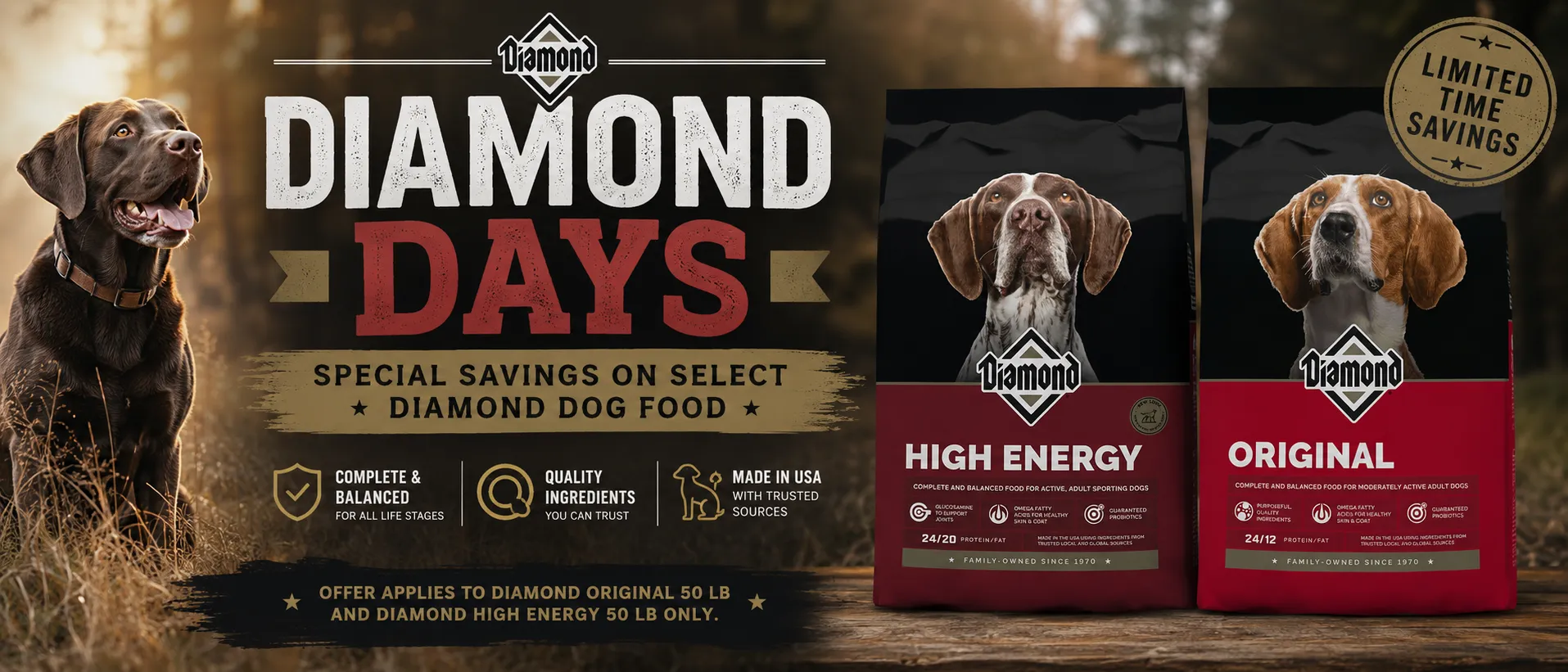 Diamond Original and Diamond Hi-Energy dog food promotional offer
