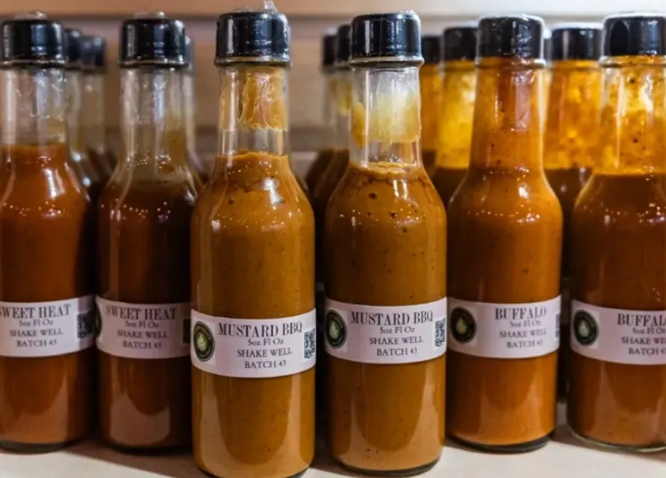 Product shot of Hoppy Sauce Variety 3-Pack featuring bottles of Sweet Heat, Mustard BBQ, and Buffalo sauces in attractive packaging. No human shapes.