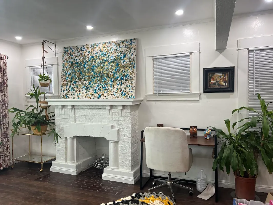 Customer furnished room featuring ReStore OC finds