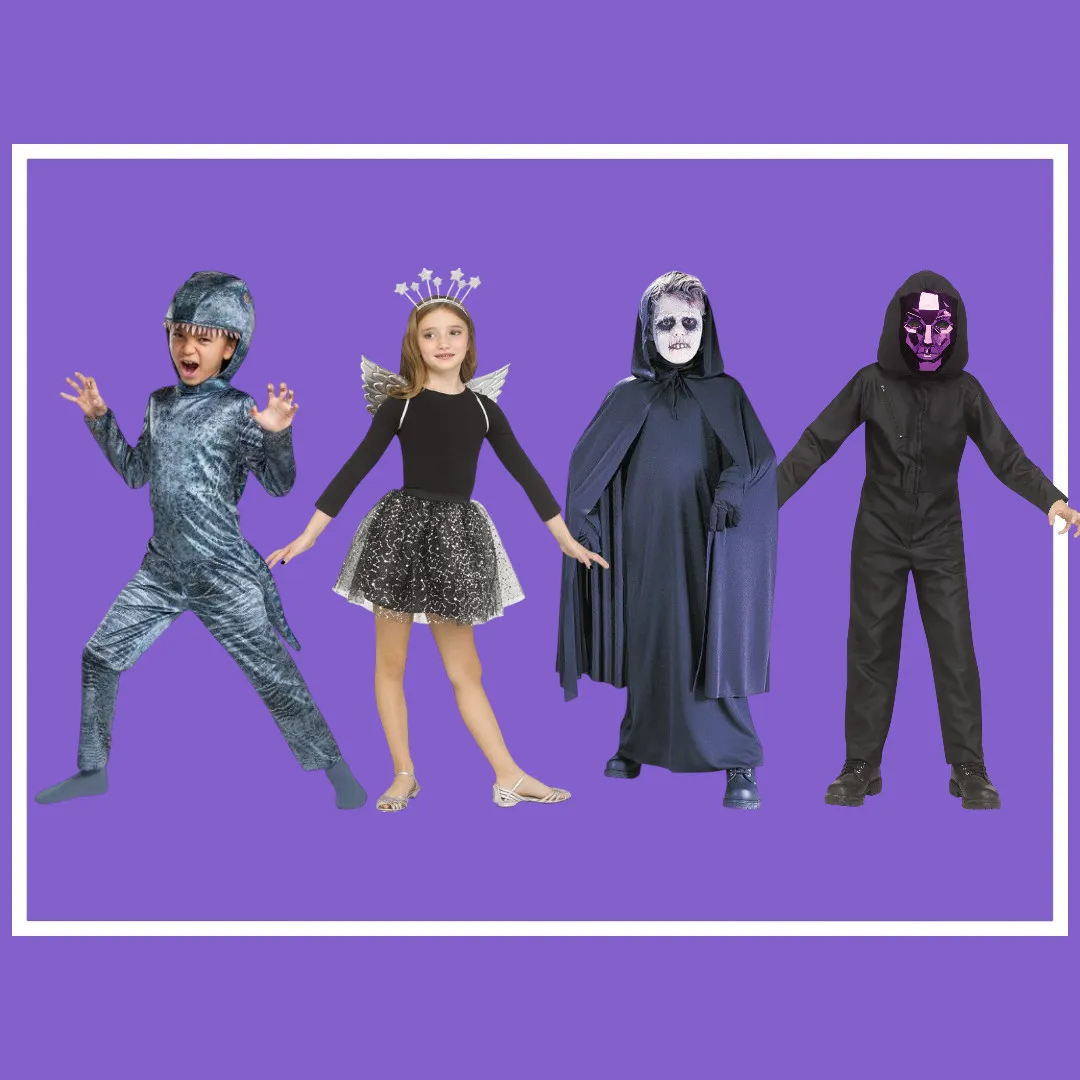 Various Halloween costumes including character costumes, monster costumes, and themed outfits against an orange striped background. Do not generate human shapes.
